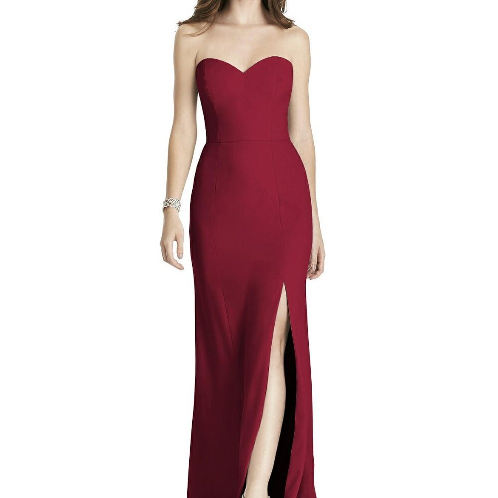 After Six 6775...Strapless Crepe Trumpet Gown with Front Slit..Burgundy...Sz 14
